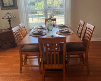 BAR HEIGHT DRAW LEAF TABLE AND SIX CHAIRS AT FULL EXTENSION