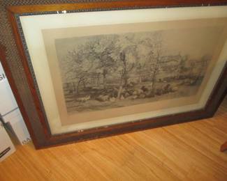 huge 1800's Sheep Under Trees engraving
