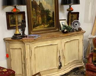 GRAND  distressed style buffet with unpolished stone top. works with traditional or today's paired down simpler looks - 75% off!!