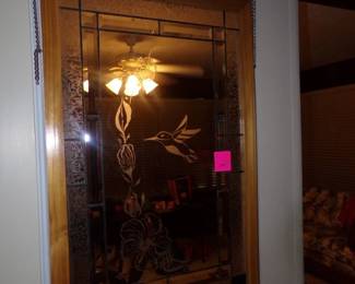 Etched hummingbird framed glass 