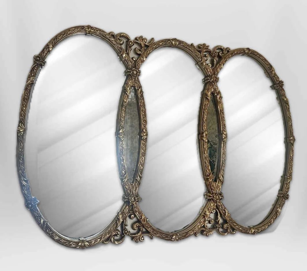  001 Vintage Gold Hollywood Regency Triple Oval Mirror