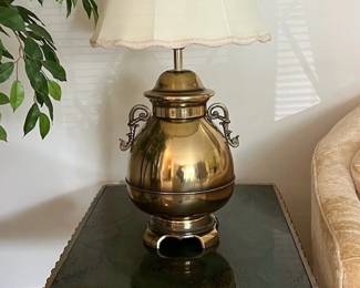 Pair Of Ornate Gold And Green Pedestal End Tables With Lamps