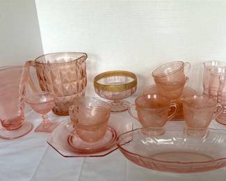 Pink Depression Glass Plates, Teacups, Pitcher,  More 