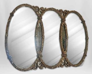  001 Vintage Gold Hollywood Regency Triple Oval Mirror