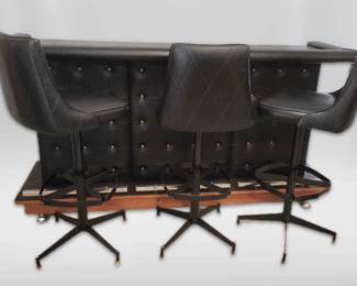 MCM Tufted Bar On Wheels With Three Barstools