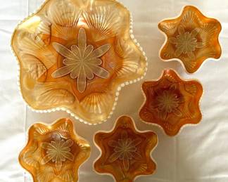 Orange Carnival and Pink Opalescent Glass Bowls One Large  Four Small 