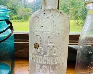 Antique and Vintage glass: Atlas & Ball madon jars, blue glass, HCL ACID bottles, and more collectibles