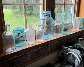 Antique and Vintage glass: Atlas & Ball madon jars, blue glass, HCL ACID bottles, and more collectibles