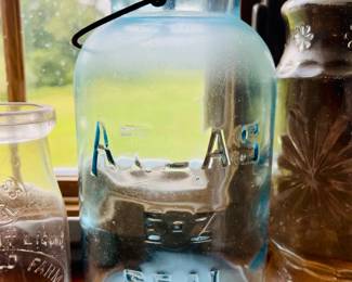 Antique and Vintage glass: Atlas & Ball madon jars, blue glass, HCL ACID bottles, and more collectibles