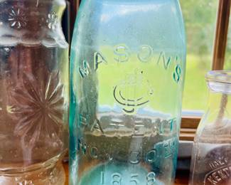 Antique and Vintage glass: Atlas & Ball madon jars, blue glass, HCL ACID bottles, and more collectibles
