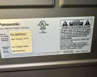 Panasonic high definition Plasma TV Model # TH-50PE8U Serial # ME82820350