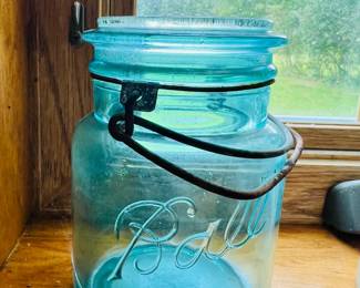 Antique and Vintage glass: Atlas & Ball madon jars, blue glass, HCL ACID bottles, and more collectibles