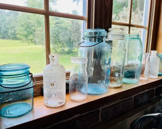 Antique and Vintage glass: Atlas & Ball madon jars, blue glass, HCL ACID bottles, and more collectibles 