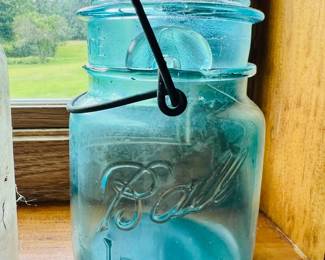 Antique and Vintage glass: Atlas & Ball madon jars, blue glass, HCL ACID bottles, and more collectibles