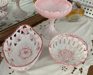 Vintage Portuguese China; Fenton pink glass candy dish.