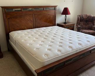 King Bedframe, Dresser w Mirror, 2 Nightstands, Highboy, Table Lamps Red pair. Art