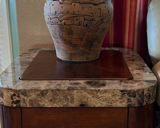 Ashley Pleather Sofa, Loveseat and Chair, Coffee Table and Matching End Tables, Table Lamps