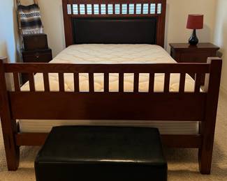 Mission Style Queen Bedroom: Bed Frame w Nightstand and Dresser w Mirror, Rustic Ladder, Blankets, Ottoman/Bench, Mattress/BS