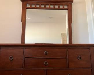 Mission Style Queen Bedroom: Bed Frame w Nightstand and Dresser w Mirror, Rustic Ladder, Blankets, Ottoman/Bench, Mattress/BS