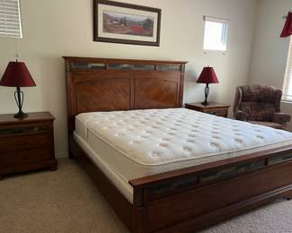 King Bedframe, Dresser w Mirror, 2 Nightstands, Highboy, Table Lamps Red pair. Art