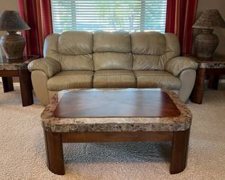 Ashley Pleather Sofa, Loveseat and Chair, Coffee Table and Matching End Tables, Table Lamps