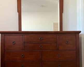 Mission Style Queen Bedroom: Bed Frame w Nightstand and Dresser w Mirror, Rustic Ladder, Blankets, Ottoman/Bench, Mattress/BS