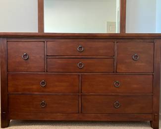 Mission Style Queen Bedroom: Bed Frame w Nightstand and Dresser w Mirror, Rustic Ladder, Blankets, Ottoman/Bench, Mattress/BS