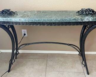 Joel Sanderson Green Marble Granite Wrought Iron Entry Table 