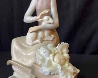 Lladro Porcelain Figurine Girl with Wheelbarrow Holding Lamb 