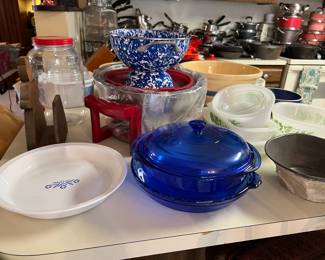 • Blue pyrex baking dish • Blue pyrex pie dish
• Corning ware pie plate • Blue & White enameled colander