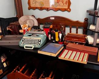 typewriter, magazine racks, twin bed frames