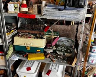 fishing tackle box and two of the decorative ceramic wild turkey decanters