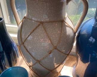 Vintage Coastal Rattan Wrapped Crackled White Urn