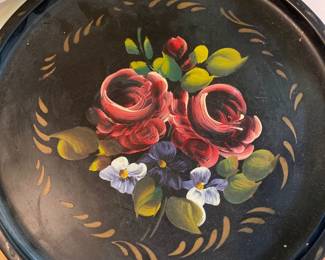 Tole Metal Folk Art Tray  - Hand Painted Floral 