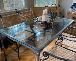 Glass Iron Table with Rattan/Iron Chairs Dining Set