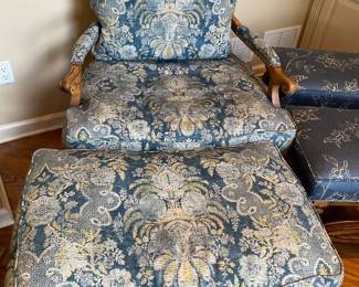 French Louis XV Style Upholstered/Walnut Chair & Ottoman 