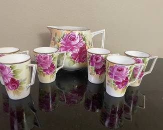 Pink Rose Hand Painted Nippon Pitcher with 6 Tall Mugs