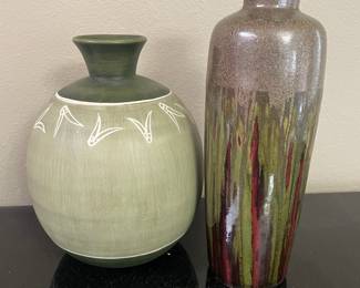 Two Tone Green Pottery Vase, Brown, Green & Red Pottery Drip Glaze Vase