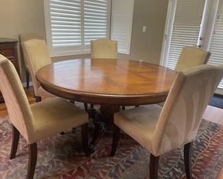 Round Parquet Wood Dining Table, Set of 5 Studded Tan Upholstered Dining Chairs