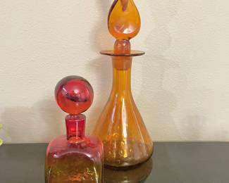 1960's Hand Blown Amber Glass Decanter, Tangerine Amberina Square Small Decanter with Spherical Stopper