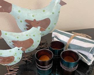Set of 3 Green/Brown Metal Roosters