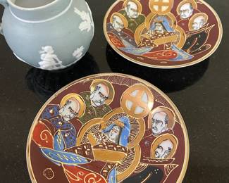 Japanese Satsuma Goddess & Immortals Porcelain Snack Plate and Dipping Bowl