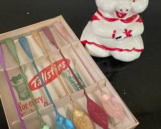 Set of 6 Multicolored Aluminum Tallstirs Drink Stirrers by Ray J. Walther, Hand Painted Ceramic Girl Pig Piggy Bank
