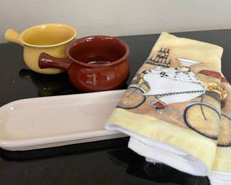 Yellow & Red Pair of Stoneware Soup Bowls with Handles, Pair of Kitchen Towels with Chef on a Bike Design