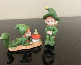 Lefton China Hand Painted Ceramic Bisque Pixie with Mushroom and Frog Figurine, Lefton China Hand Painted Ceramic Bisque Pixie Sitting on Mushroom