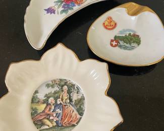 Flower Shaped Trinket Dish with Colonial Courting Scene, ECNT Gold "Rheinfall" Ash Tray, Chadwick Bone Dish with Floral Design
