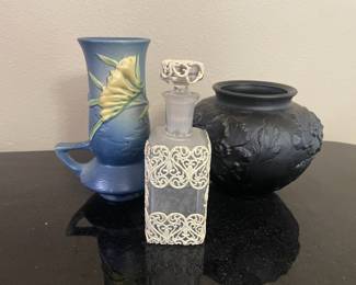 Roseville Pottery Blue Freesia Vase – 119-7, White Metal Filigree Perfume Bottle, Tiffin Black Amethyst Satin Glass Vase with Poppy Design