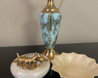 Mid Century Hand Painted Delft Turquoise Porcelain & Brass Pitcher, Round Gold Trimmed Lusterware Scottish Terrier Ash Tray