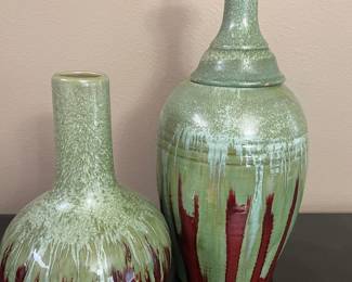 Red & Green Drip Glaze Pottery - Matching Vase and Tall Lidded Jar