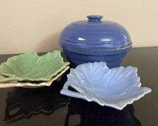 Blue Pottery Casserole Dish with Lid, Set of 3 Leaf Shaped Snack Plates